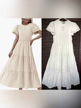 BTFBM White Crewneck Midi Maxi Dress Double Poplin Flutter Sleeves Tiered XL NWT